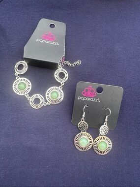 paparazzi Silver Cirque Bracelet and Dangle Earrings with Green Accents